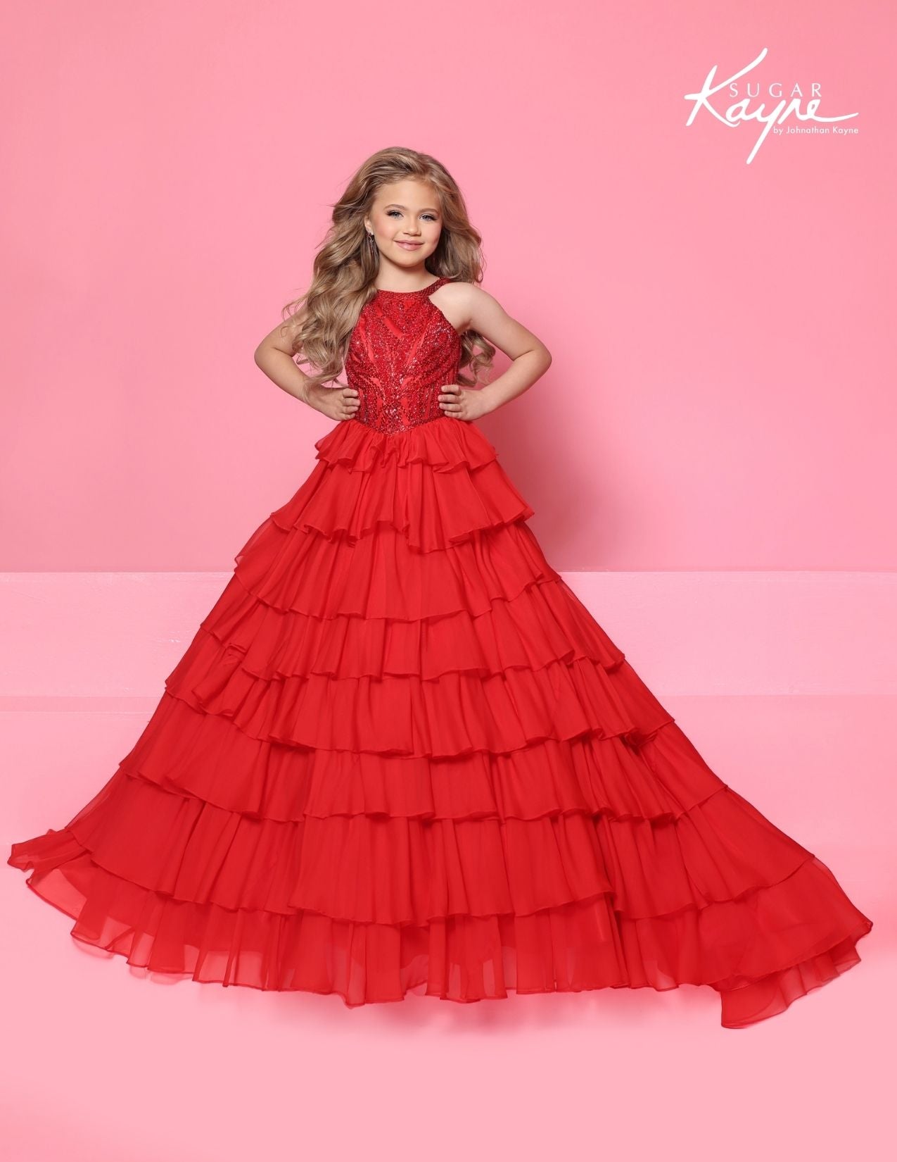 Sugar Kayne C423 Girls Red Pageant Dress High Neckline Tiered Ruffle Layers