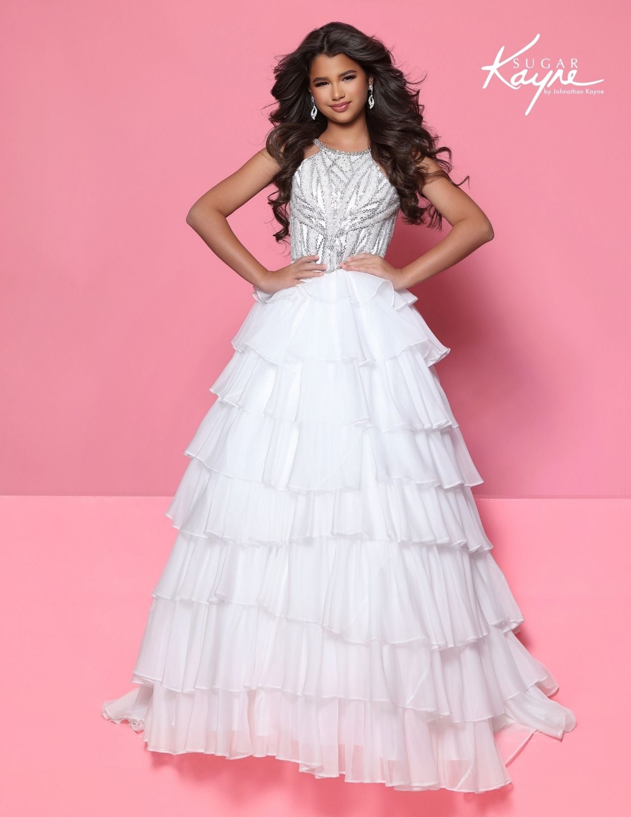 Sugar Kayne C423 Girls White Pageant Dress High Neckline Tiered Ruffles