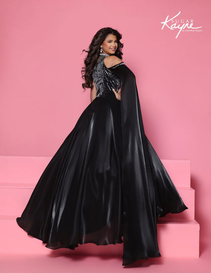 Sugar Kayne C425 Girls Black Pageant Dress Asymetric Neckline back