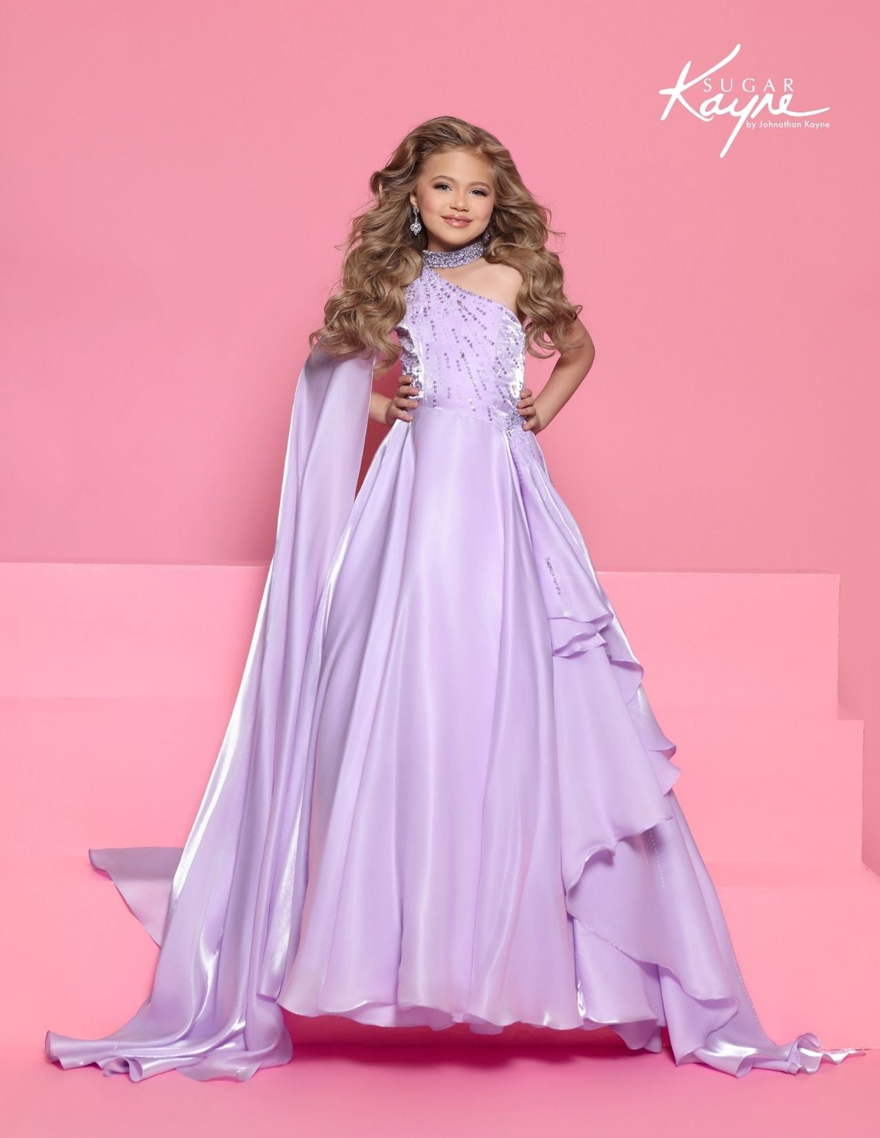 Sugar Kayne C425 Girls Lilac Pageant Dress Asymetric Neckline
