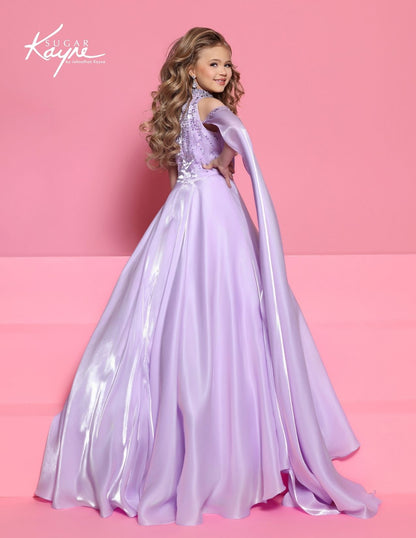 Sugar Kayne C425 Girls Lilac Pageant Dress Asymetric Neckline back