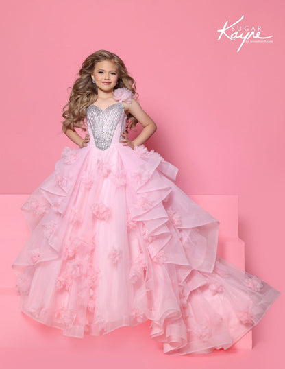Sugar Kayne C427 Petal Pink Girls Pageant Dress Ruffled Ballgown 3D Floral Appliques