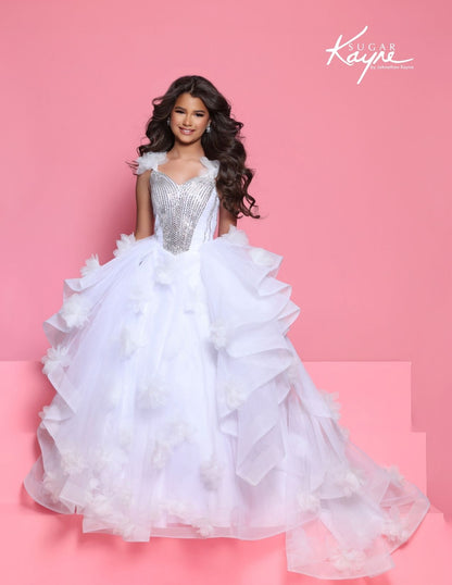 Sugar Kayne C427 White Girls Pageant Dress Ruffled Ballgown