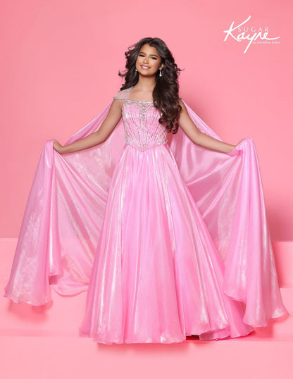 Sugar Kayne C428 Bubblegum Pink Girls Pageant Dress with Shimmer Organza Cape