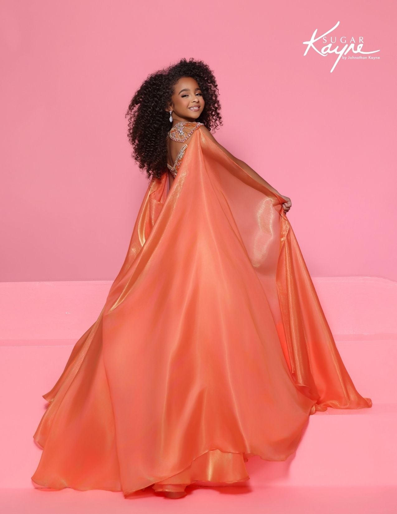 Sugar Kayne C428 Tangerine Girls Pageant Dress Crystal Embellishments with Shimmer Organza Cape back