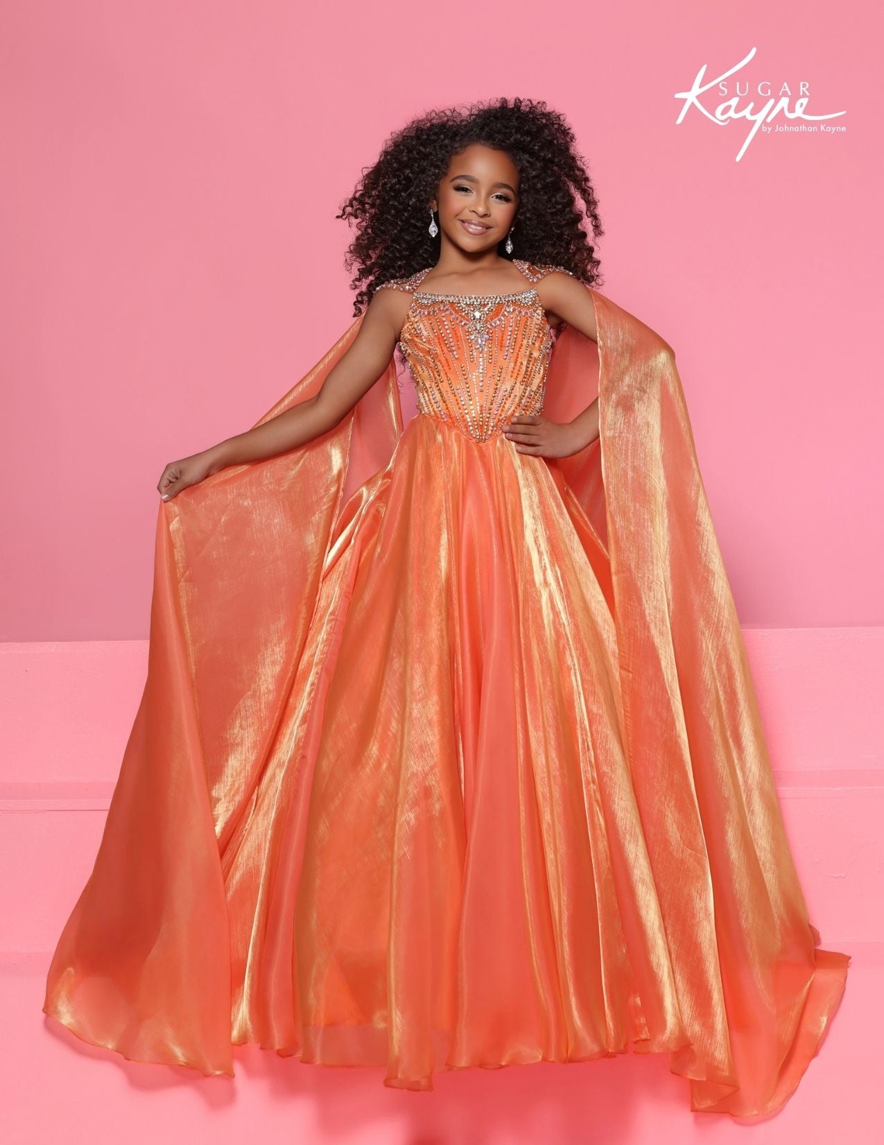 Sugar Kayne C428 Tangerine Girls Pageant Dress with Organza Cape