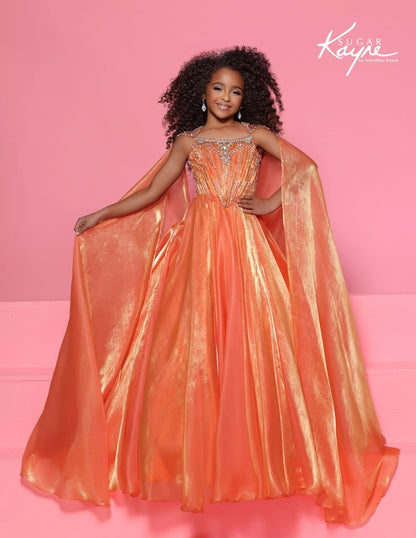 Sugar Kayne C428 Tangerine Girls Pageant Dress with Organza Cape