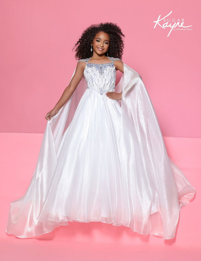 Sugar Kayne C428 White Girls Pageant Dress Blue Beading with Organza Cape