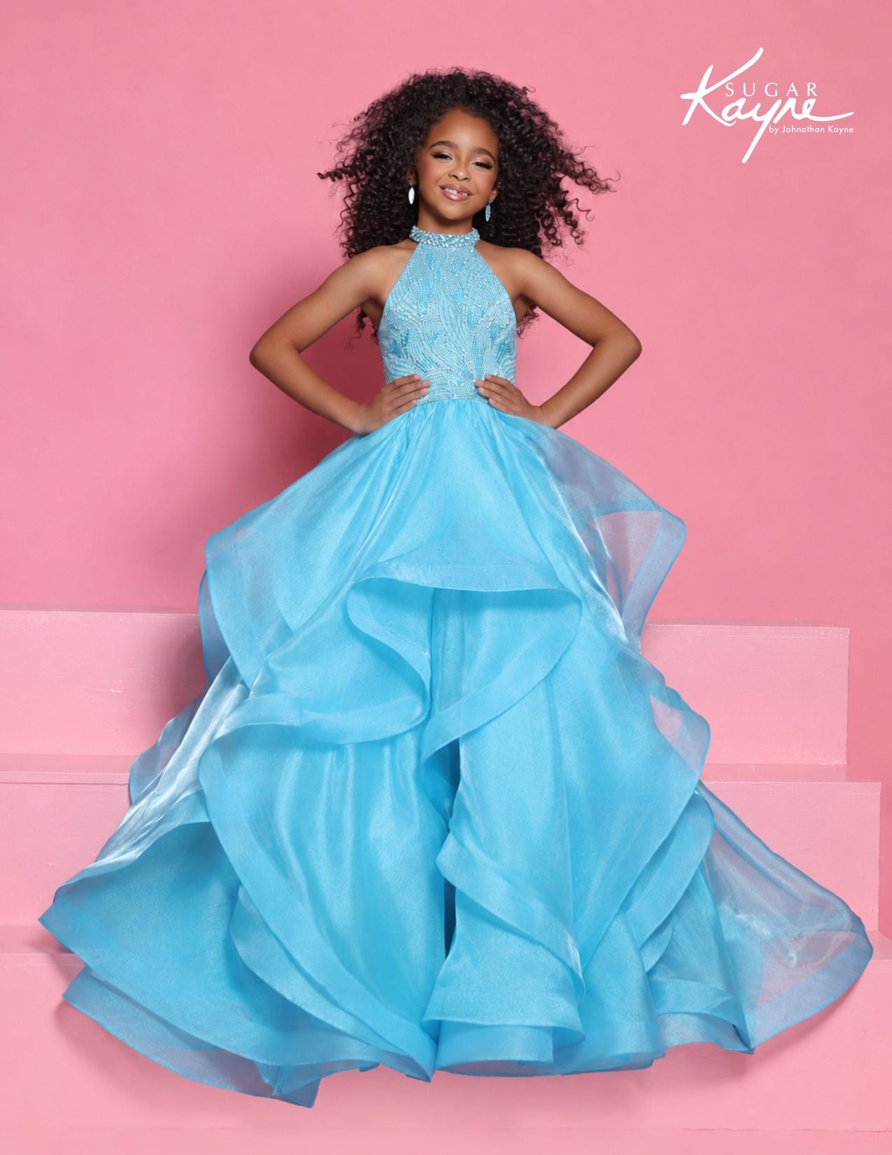 Sugar Kayne C429 Aqua Girls Pageant Dress High Neckline Ruffle Ballgown Horsehair Trim