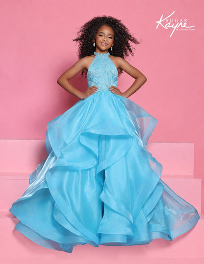 Sugar Kayne C429 Aqua Girls Pageant Dress High Neckline Ruffle Ballgown Horsehair Trim