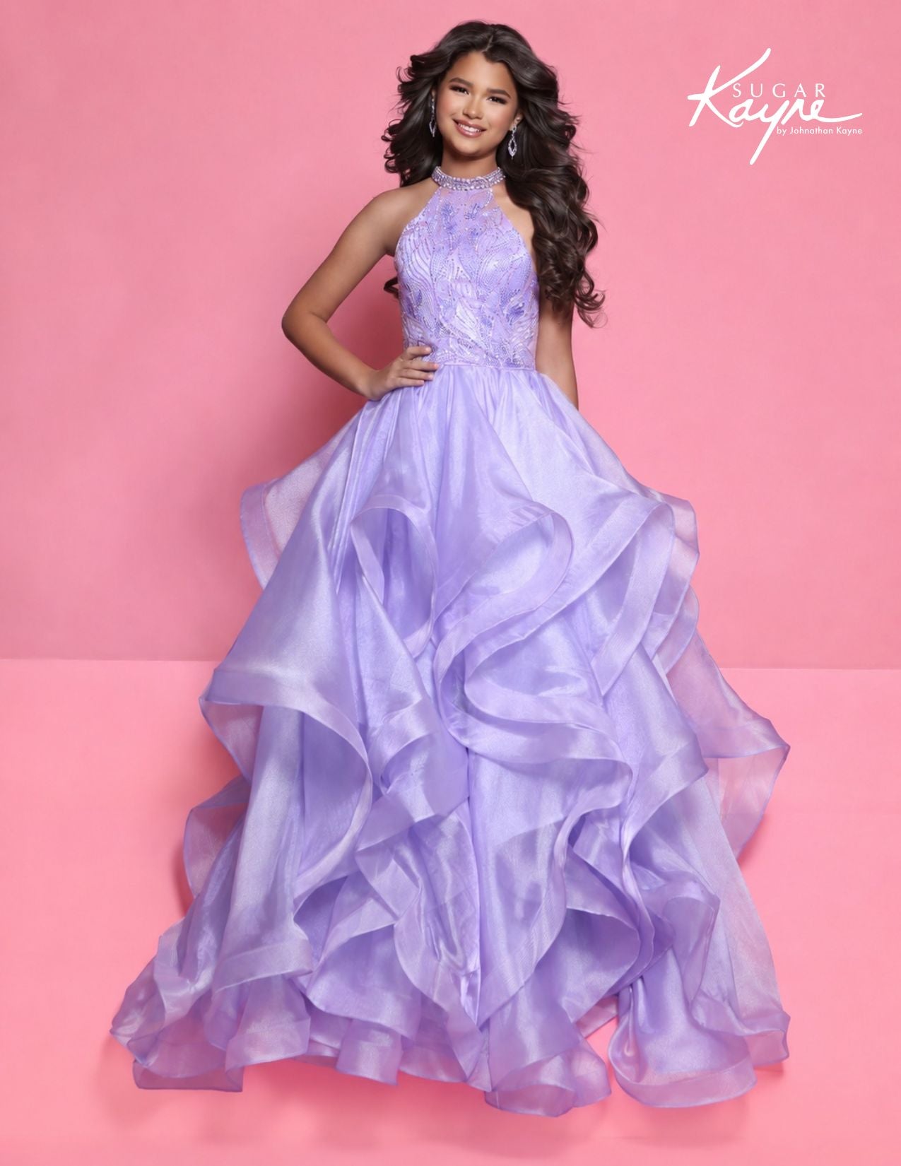 Sugar Kayne C429 Lilac Girls Pageant Dress High Neckline Ruffle Ballgown 