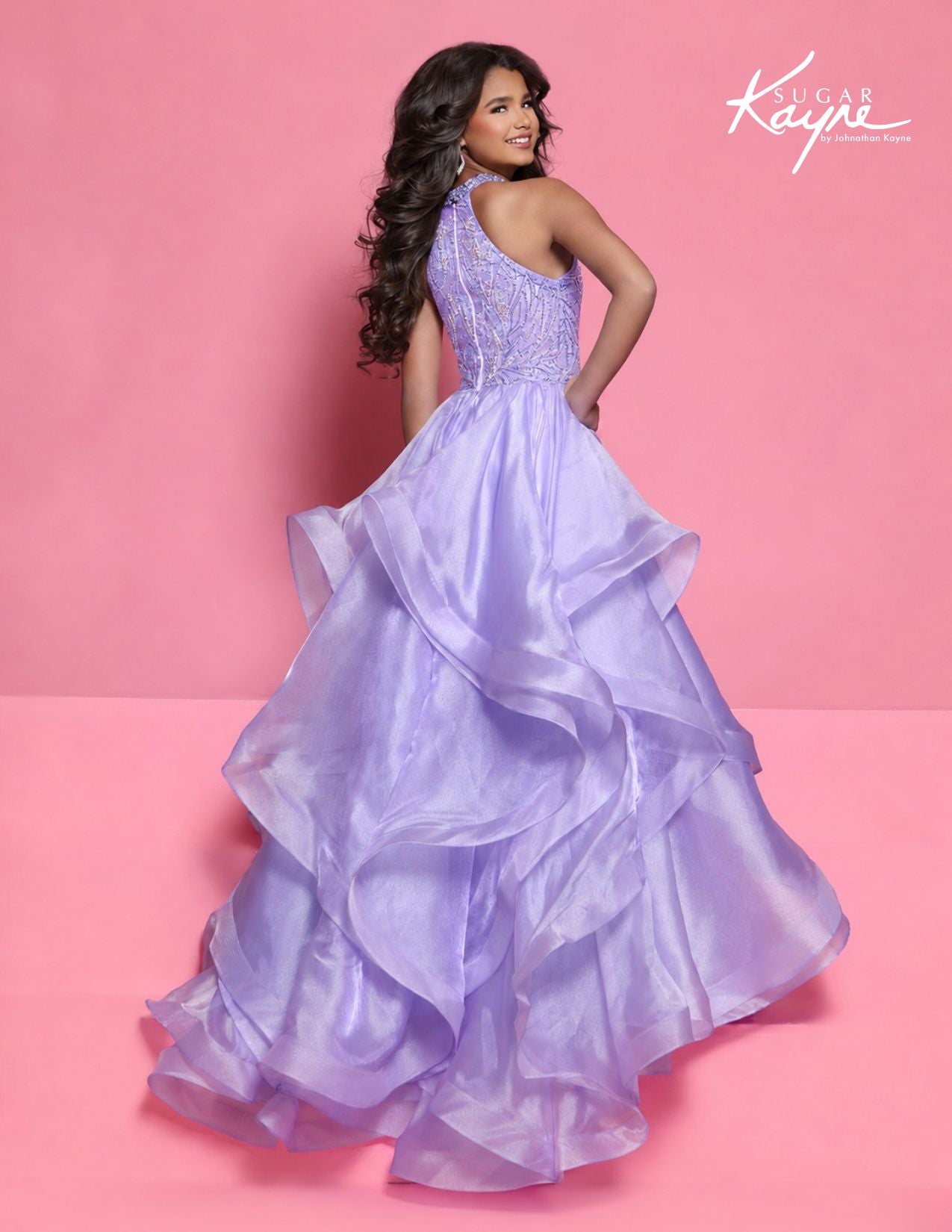 Sugar Kayne C429 Lilac Girls Pageant Dress High Neckline Ruffle Ballgown back