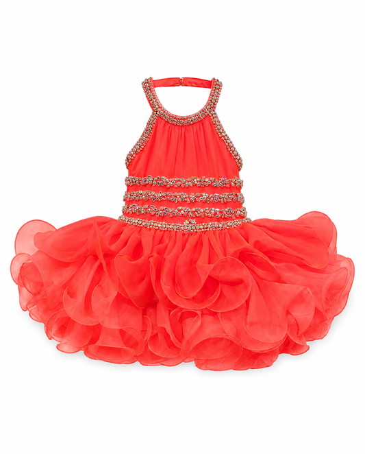 Sugar Kayne C216 Short girls Cupcake Ruffle High Neckline Pageant Dress Bow Crystal Embellished
Have your little cupcake bring on all the charm in this stunning chiffon and organza gown. The corset back is the perfect addition as the little one grows!

Colors:&nbsp;Hot Coral

Sizes:&nbsp;2T

Fabric Chiffon, Organza, Satin Lining