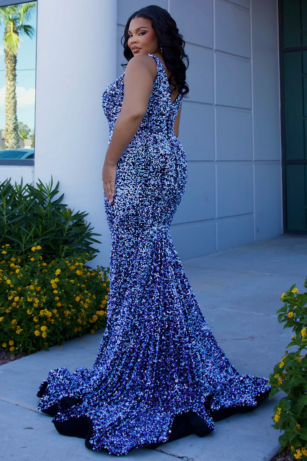 Sydney's Closet JK2308 Size 22 Cosmic Prom Dress Long Velvet Sequin Fitted Mermaid Plus Size Pageant Gown