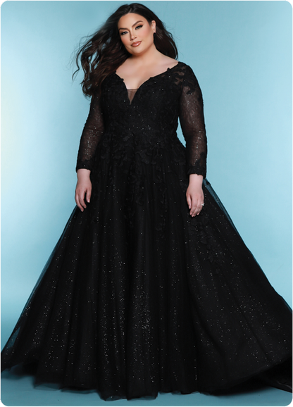 Sydneys Closet SC5267 Shirley Black Wedding Dress lace long sheer sleeves black front