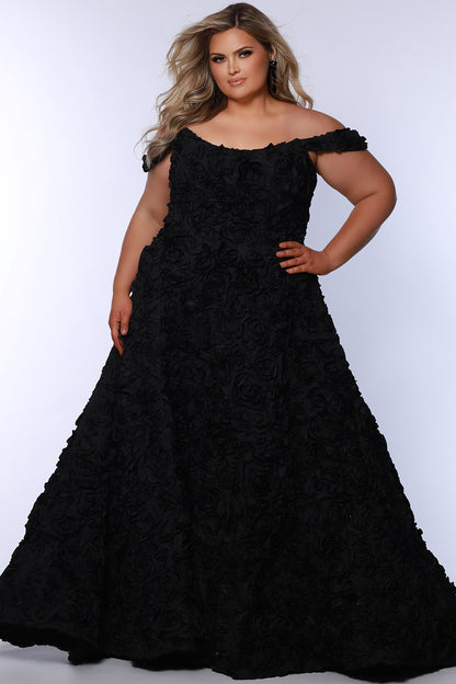 Sydney's Closet SC7397 Plus Sized Formal Dress Satin Rosette Off the Shoulder A Line 