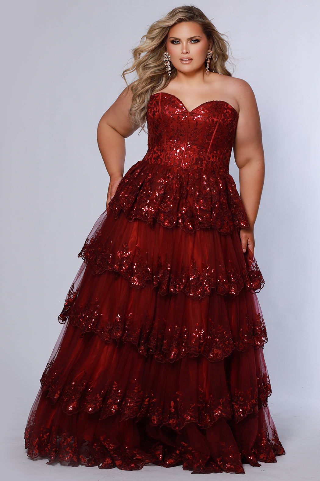 Sydneys Closet SC7398 Burgundy Plus Sized Formal Dress Strapless Sweetheart Ruffle Long Lace