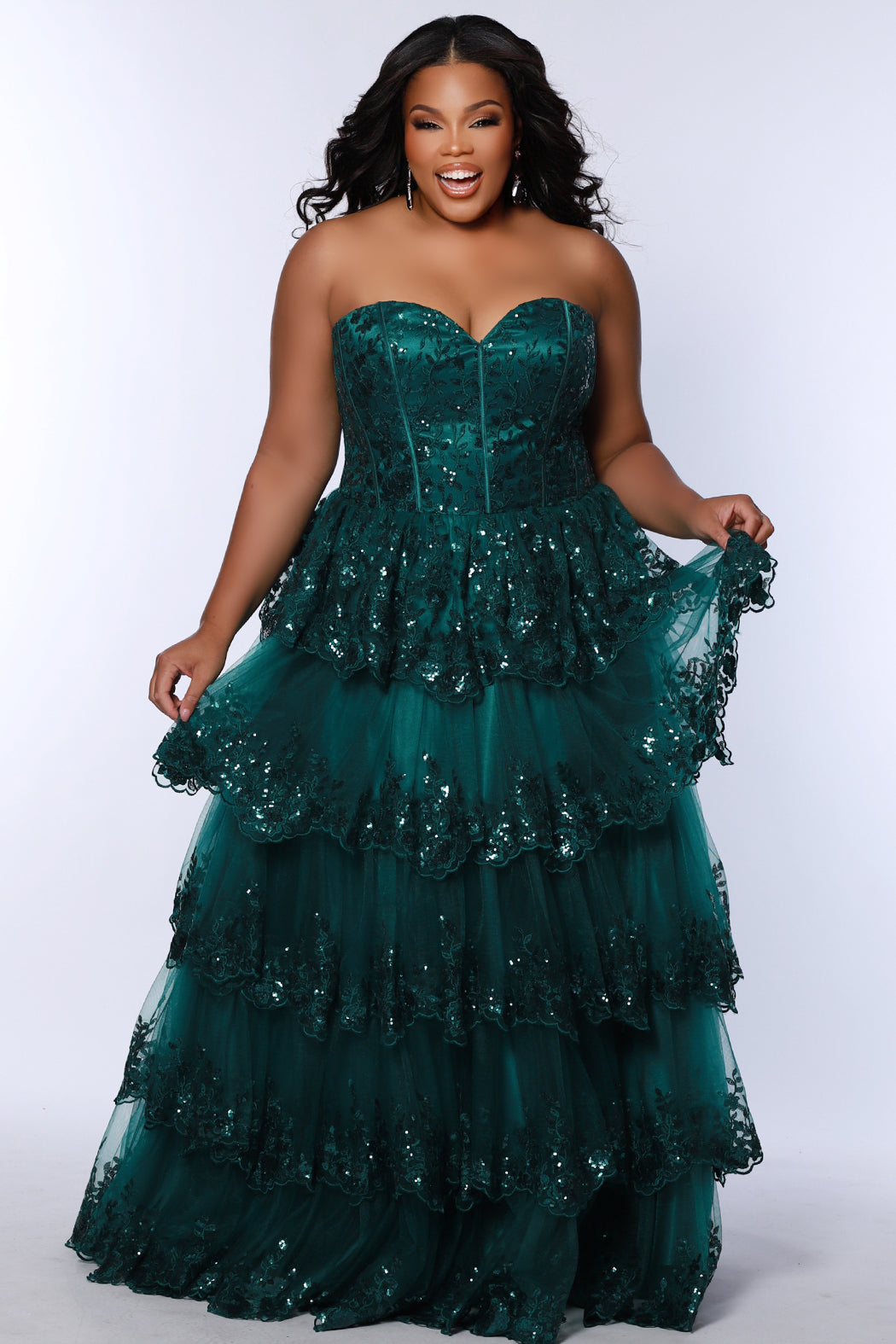 Sydneys Closet SC7398 Forest Green Plus Sized Formal Dress Strapless Sweetheart Ruffle Long Lace