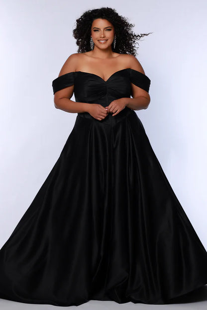 Sydneys Closet SC7400 Onyx Black Satin Corset A Line Prom Dress off the Shoulder Pockets Plus Size Ballgown front