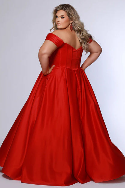 Sydneys Closet SC7400 Ruby Red Satin Corset A Line Prom Dress off the Shoulder Pockets Plus Size Ballgown back