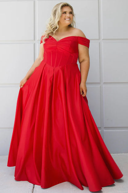Sydneys Closet SC7400 Ruby Red Satin Corset A Line Prom Dress off the Shoulder Pockets Plus Size Ballgown front