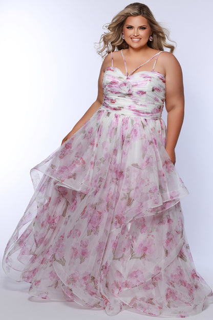 Sydneys Closet SC7418 Pink Print Plus Sized Formal Prom Long Dress Layered Spaghetti Straps