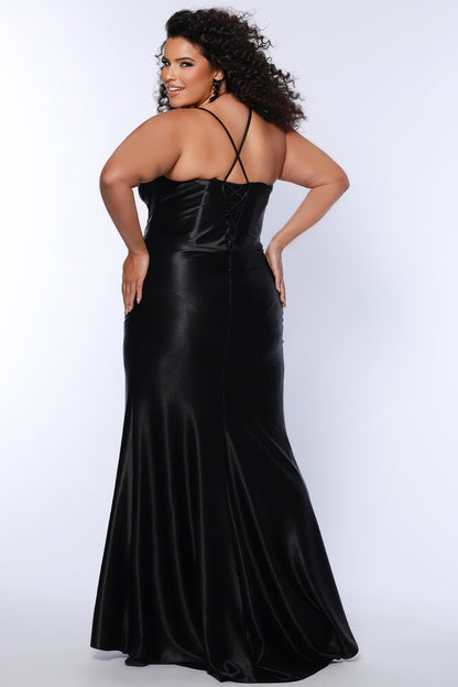 Sydneys Closet SC7426 Black Stretch Satin Formal Long Dress Corset Simple Basque Waist Slit