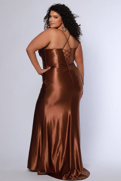 Sydneys Closet SC7426 Brown Stretch Satin Formal Long Dress Corset Simple Basque Waist Slit 