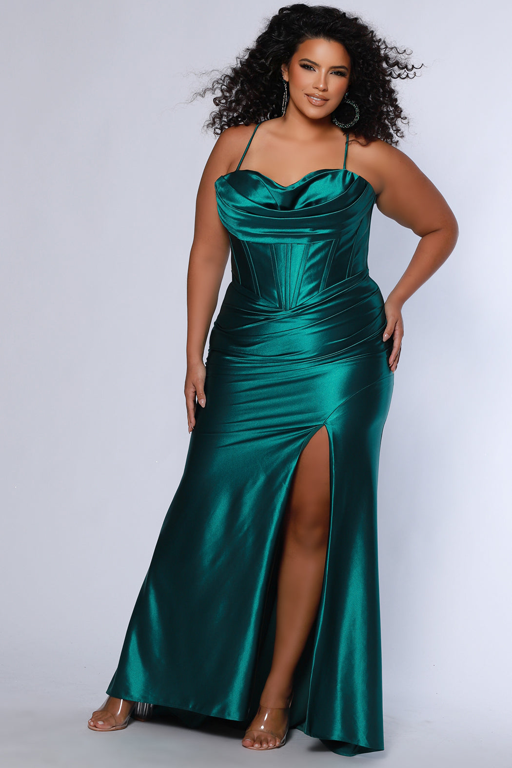 Sydneys Closet SC7426 Stretch Satin Formal Long Dress Corset Simple Basque Waist Slit 22 / Green