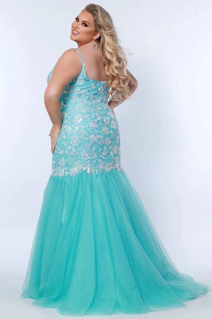 Sydney's Closet Tease Prom TE2316 Leaf Lace Appliques With Sequin Mermaid Silhouette Scoop Neckline Plus Sizes Prom Dress. This prom dress is the height of sophistication and glamour - it's simply 'dress'-sive! The leaf lace appliques and sequins shimmer in the light as you twirl on the dance floor in the sleek Mermaid silhouette. Become the belle of the ball in Sydney's Closet TE2316!