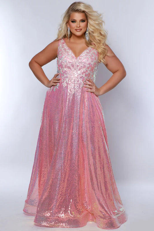 This Sydney's Closet TE2431 Sequin A Line Prom Dress is the perfect choice for plus-size individuals looking for a stunning and elegant formal gown. The V-neckline and A-line silhouette flatter the figure, while the sequin detailing adds a touch of sparkle. Stand out from the crowd at your next special event in this beautiful dress.