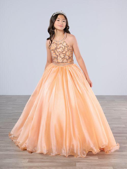 Tiffany Princess 13786 Cantelope Girls Pageant Dress Crystal Bodice Ballgown A Line High Neck Formal