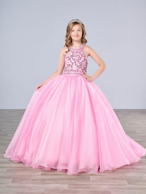 Tiffany Princess 13786 Pink Girls Pageant Dress Crystal Bodice Ballgown A Line High Neck Formal