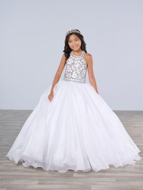 Tiffany Princess 13786 White Girls Pageant Dress Crystal Bodice Ballgown A Line High Neck Formal