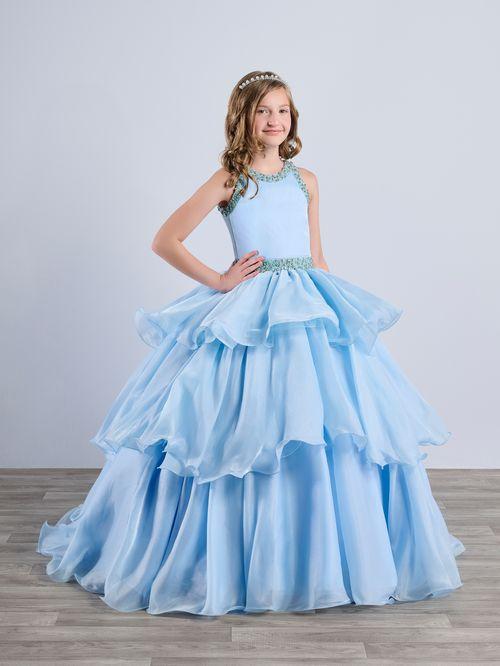Tiffany Princess 13787 Sky Ruffle Layer Girls Pageant Dress Backless High Neck Crystal Neckline