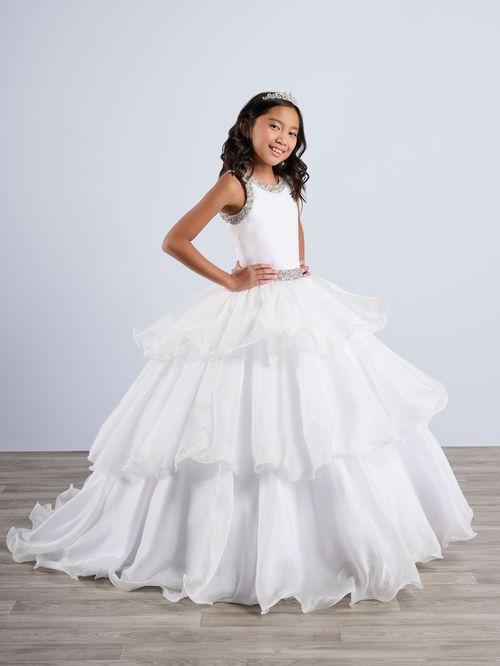 Tiffany Princess 13787 White Ruffle Layer Girls Pageant Dress Backless High Neck Crystal Neckline