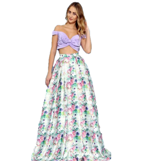 Allie Blue 6203 Long two piece Satin Print A Line Prom Dress off the shoulder Ballgown