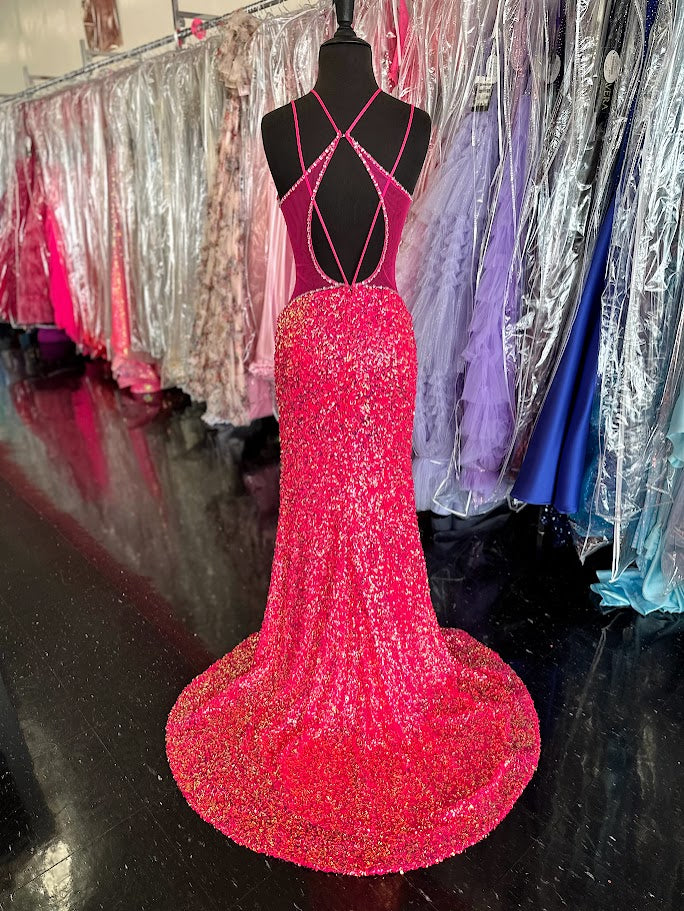 Vienna Prom 8880 Size 4 Fuchsia Long Prom Dress Sequin Fitted Sheer Plunging Neckline Sheer Sides Slit Formal Pageant Gown Vienna Prom 8880 Size 4 Fuchsia Long Prom Dress Sequin Fitted Sheer Plunging Neckline Sheer Sides Slit Formal Pageant Gown