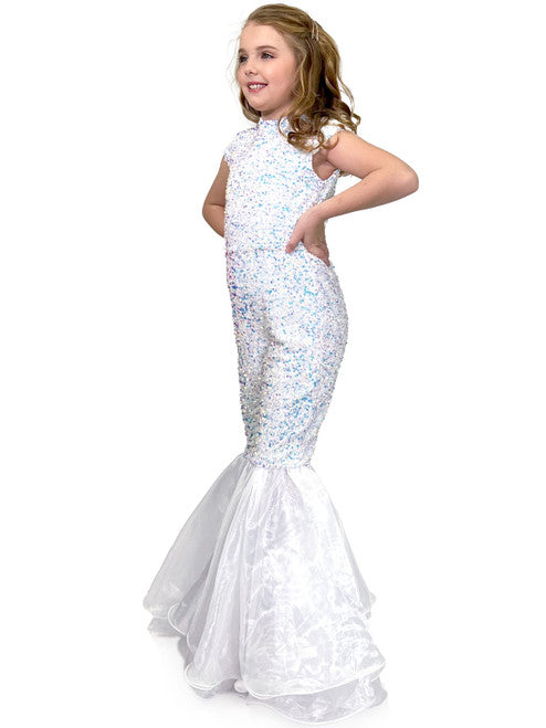 This glamorous Marc Defang 5146 Girls Long Velvet Sequin Mermaid Jumpsuit is perfect for any special occasion. Its cap sleeve bodice is adorned with sequins, while its long mermaid-style bell bottoms are made of luxurious Organza layers. An exquisite choice for pageants, birthdays, or formal events.  Sizes: 4,5,6,7,8,9,10,11,12,13,14  Colors: White AB, Hot Pink, Neon Green, Red, Royal, Lilac, Light Pink, Light Blue, Seafoam  *Ask for custom color, Please allow 30 days for Production
