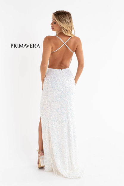 Primavera Couture 3291 Prom Dress embellished throughout with shimmering sequins, this impressive gown showcases a v neckline, thin beaded straps and crisscrossed strap open back. The long slim skirt has a sultry high side front slit.&nbsp;

Back Style&nbsp;Back Zipper, Open Back
Detail&nbsp;Slit
Length&nbsp;Long, 63-65" Hollow to Hem
Material&nbsp;Beaded, Sequins
Neckline&nbsp;V Neck
Style&nbsp;Fitted

Available Colors:&nbsp; AB Ivory&nbsp;

Available Sizes:&nbsp;6