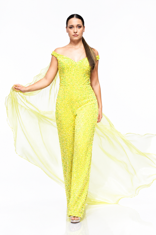 Marc Defang 8046 Size 4 Yellow Sequin Velvet Jumpsuit Cape