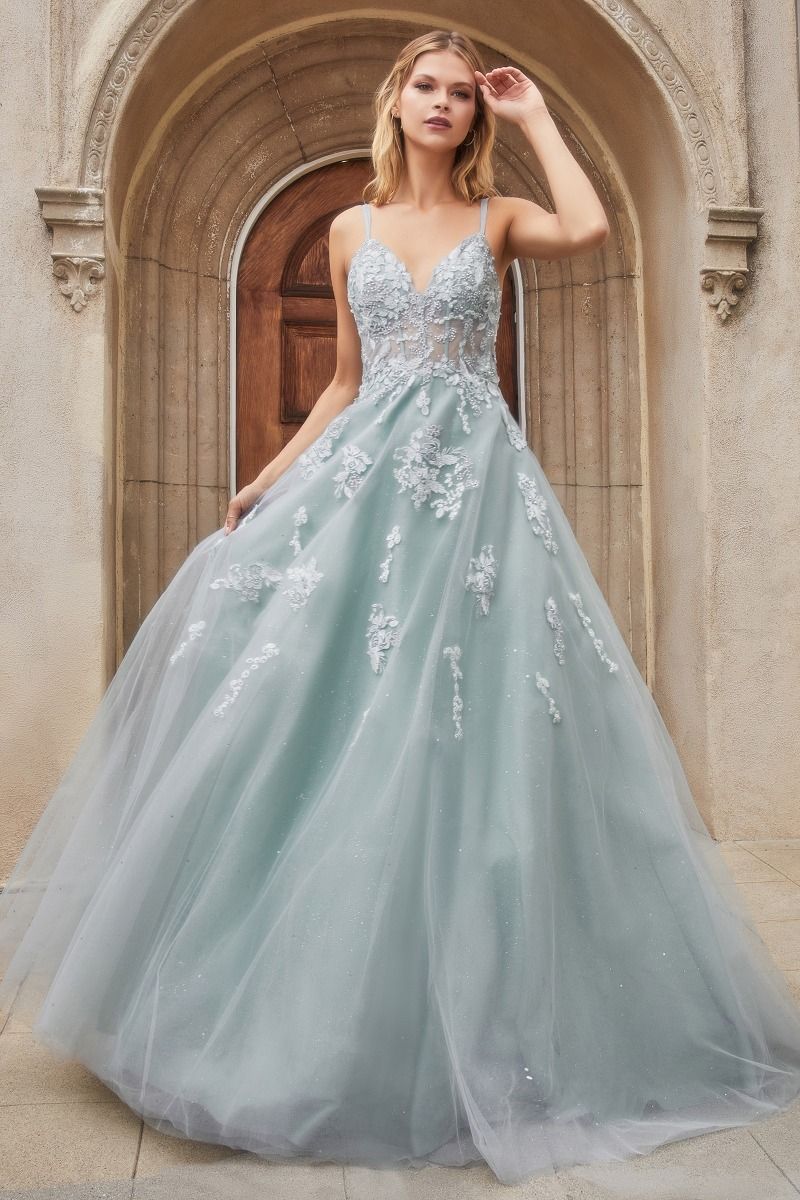 Andrea & Leo SOPHIA A0892 is an A Line Shimmering tulle Ballgown. This long Formal Dress Features a sheer bodice with boning and Floral Lace appliques cascading from the bodice into the skirt of this Dress. V Neckline. Great for Prom, Dances, weddings and almost any formal event!