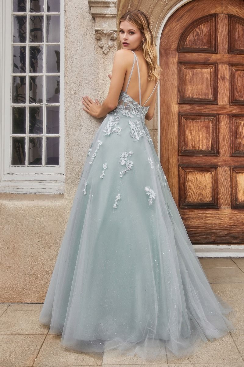Andrea & Leo SOPHIA A0892 is an A Line Shimmering tulle Ballgown. This long Formal Dress Features a sheer bodice with boning and Floral Lace appliques cascading from the bodice into the skirt of this Dress. V Neckline. Great for Prom, Dances, weddings and almost any formal event!