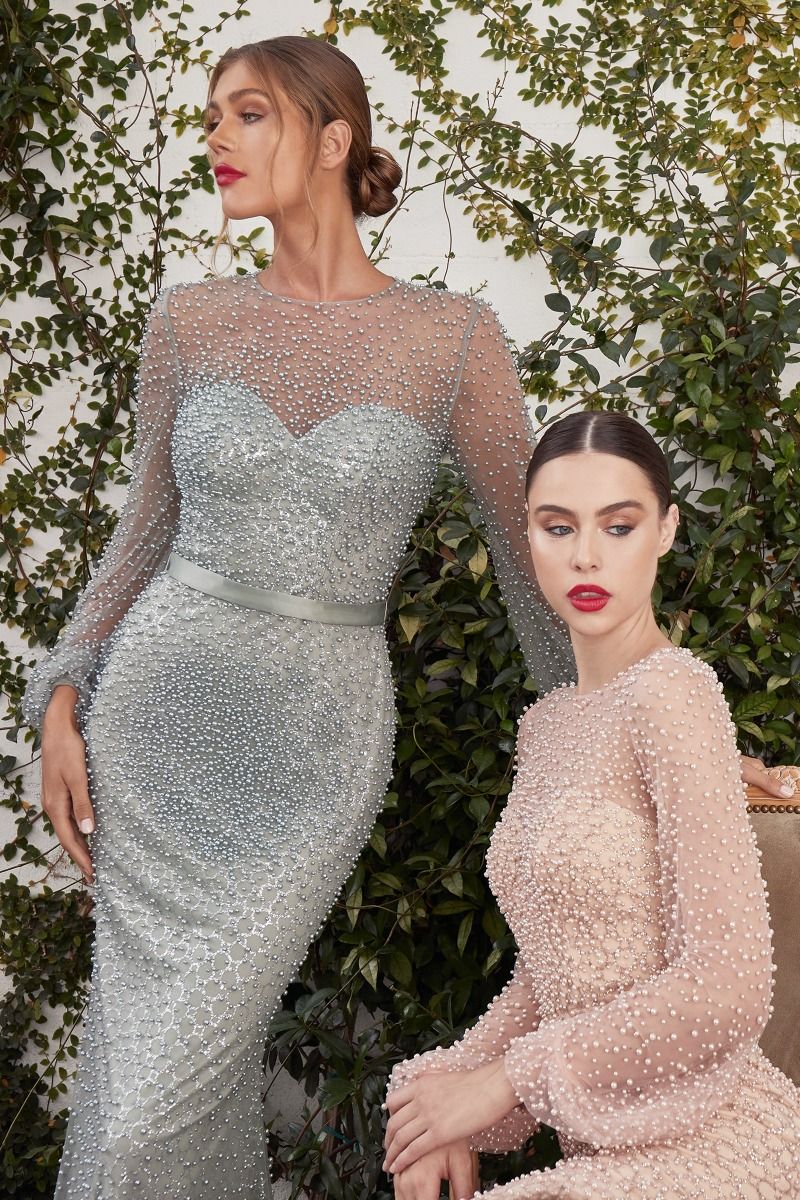 Andrea & Leo Couture A0997 Sheer Long Sleeve Pearl Guest Dress Classy Evening Gown. Looking for an elegant dress to accentuate your curves and make a statement? Look no further than the Iris gown. Cut to hug and flatter your every curve, this exquisite gown is fully embellished with pearls for a regal, luxurious look.