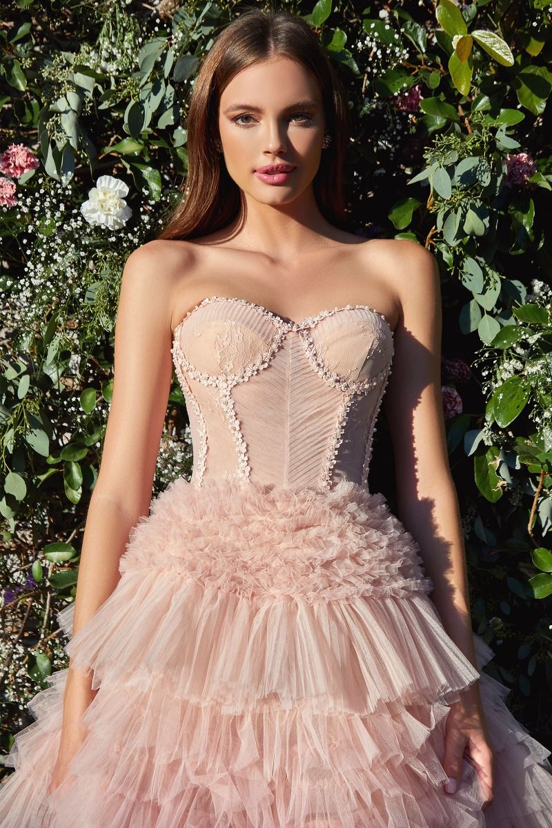 Andrea & Leo Couture A1017 Long Layer Pleated Ruffle Ballgown Prom Dress Lace Corset Formal Gown is a luxurious and elegant designer piece, perfect for special occasions. Featuring a beautiful pleated corset bodice with small blossom details, plus an adjustable tie-back for easy fitting, this romantic and sweet gown is sure to make a statement. With its light and couture-style ruffle tier skirt, it is the perfect choice for engagement or prom.