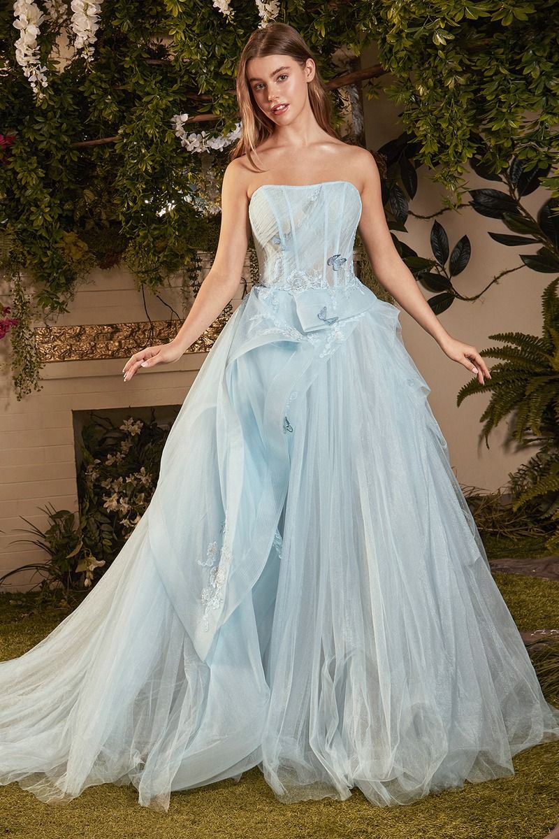 Pastel blue gown with white beadwork and feathers and a sparkly remova –  Ricco India
