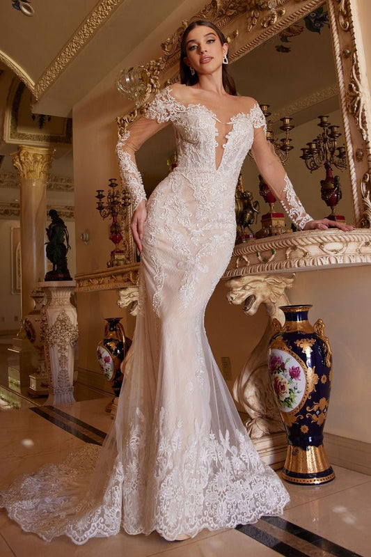 This gorgeous long sleeve lace wedding gown showcases beautiful lace work through out the body. Classic from front and sexy from back with a heart-shaped opening, this gown truly is designed to make a bride feel beautiful. The lace at sleeve grazes the knuckle for the ultimate ring-closeup shot. Luxurious lace scalloped hem is elongated at back to creates a breathtaking mermaid silhouette.