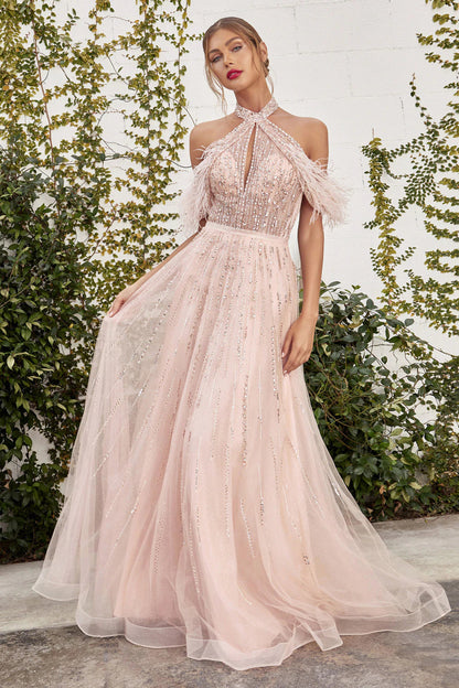 Andrea & Leo Couture A1023 ANASTASIA Evening Gown Size 8 Silver A Line Sheer Feather Beaded off Shoulder