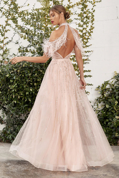 Andrea & Leo Couture A1023 ANASTASIA Evening Gown Size 8 Silver A Line Sheer Feather Beaded off Shoulder
