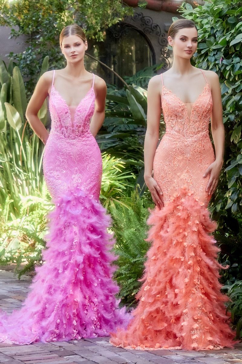 Andrea & Leo Couture A1116 Long Sheer Mermaid Feather Prom Dress Formal Gown 3D Lace This fitted dress is adorned with a floral beaded lattice print and a feather lace train with dimensional floral appliques. The mermaid silhouette of the dress hugs the body and flares out at the knees, creating a flattering and elegant shape. The lace up corset back allows for adjustable sizing and the thin straps provide a feminine and delicate touch. 